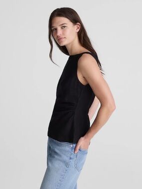 Madewell Cinched Boatneck Sleeveless Top Size 12 100% Linen Jet Black